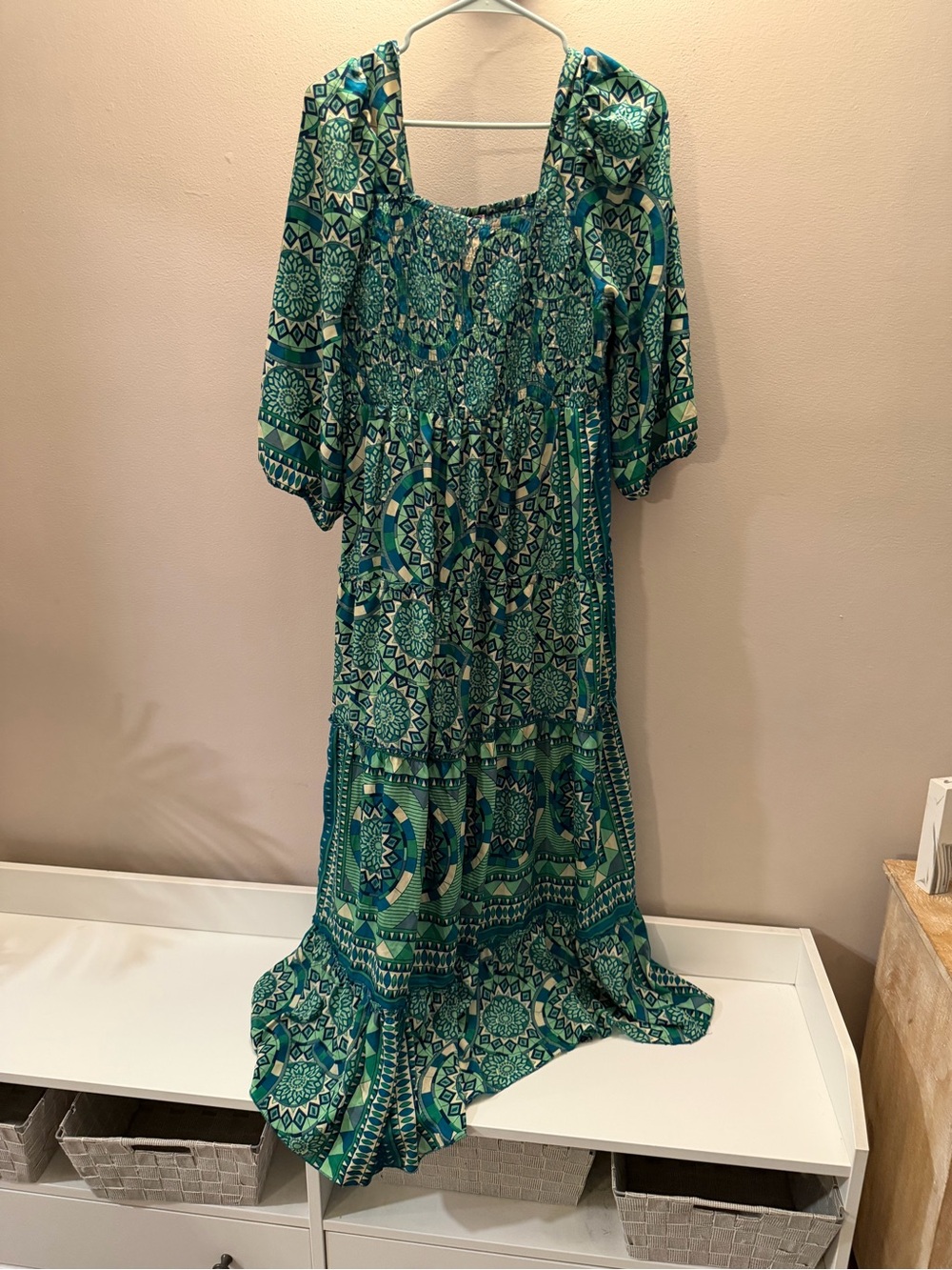 Me 2 Magic Teal Green Mandala Print Smocked Tiered Maxi Dress Large Boho